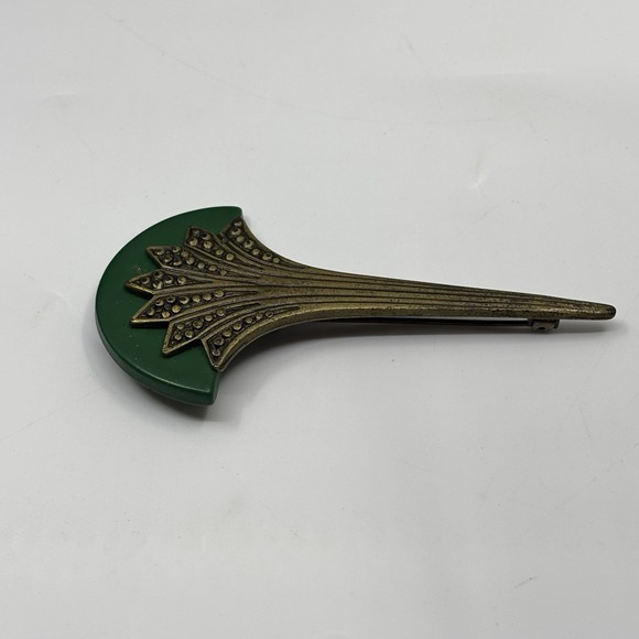 Vintage Art Deco Style Fan Brooch Statement Metal Plastic Bronze Green Pin - Picture 4 of 8